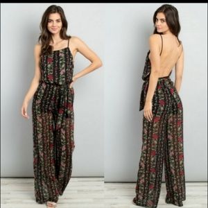 New modern floral backless maxi jumpsuit length sheer after knees M